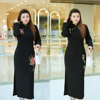 XYD71692中式旗袍裙复古刺绣重工优雅盘扣显瘦大码女装连衣裙