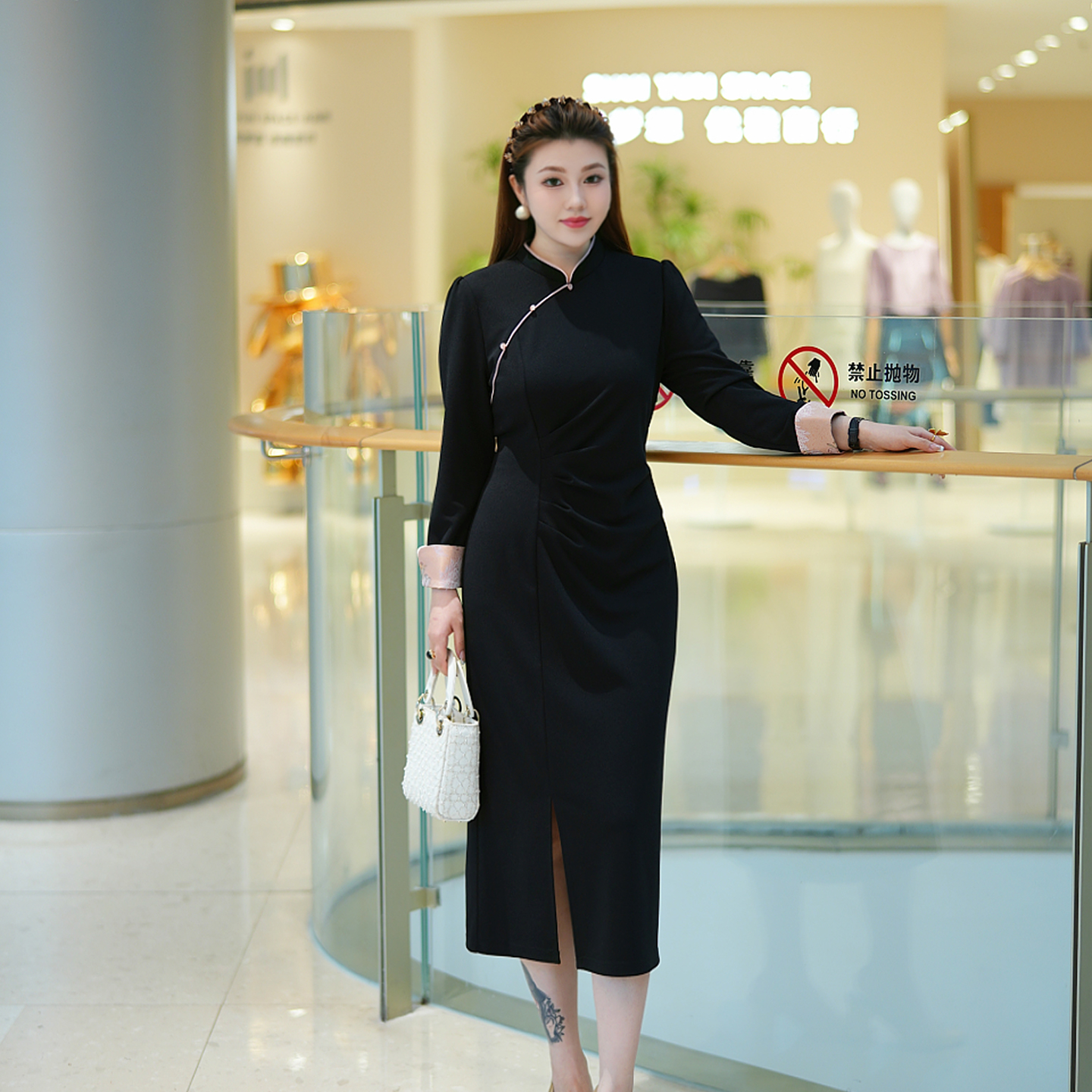 XYD71704秋季旗袍长裙端庄优雅立领大码女装修身弹力连衣裙