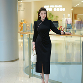 XYD71704秋季 弹力连衣裙 修身 旗袍长裙端庄优雅立领大码 女装