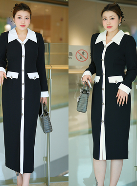 XYD71454/XYD71434法式优雅经典黑白撞色翻领收腰气质大码连衣裙