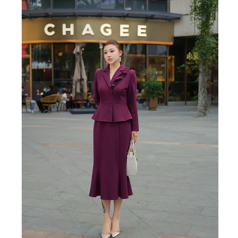 XYD71834设计感荷叶边V领女人味气质鱼尾裙大码女装大码连衣裙