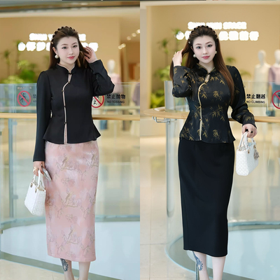 XYD71690新中式斜对襟国风盘扣复古大码女装长袖立领套装