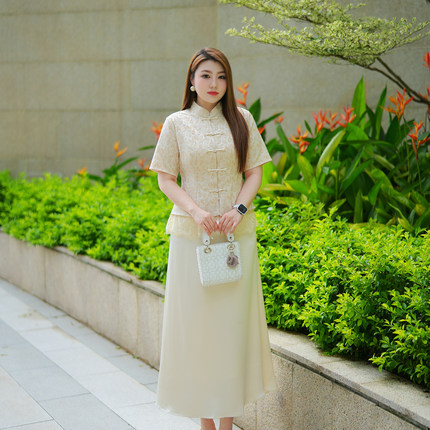 XYD71605/XYD71606中式国风大码两件套盘扣上衣显瘦缎面半身裙