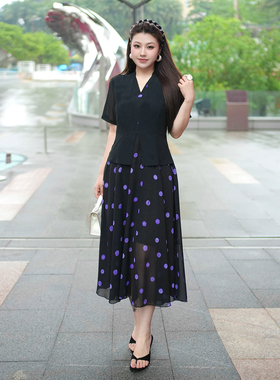 XYD71923紫色波点A摆假两件连衣裙遮肚子大码连衣裙夏季大码女装