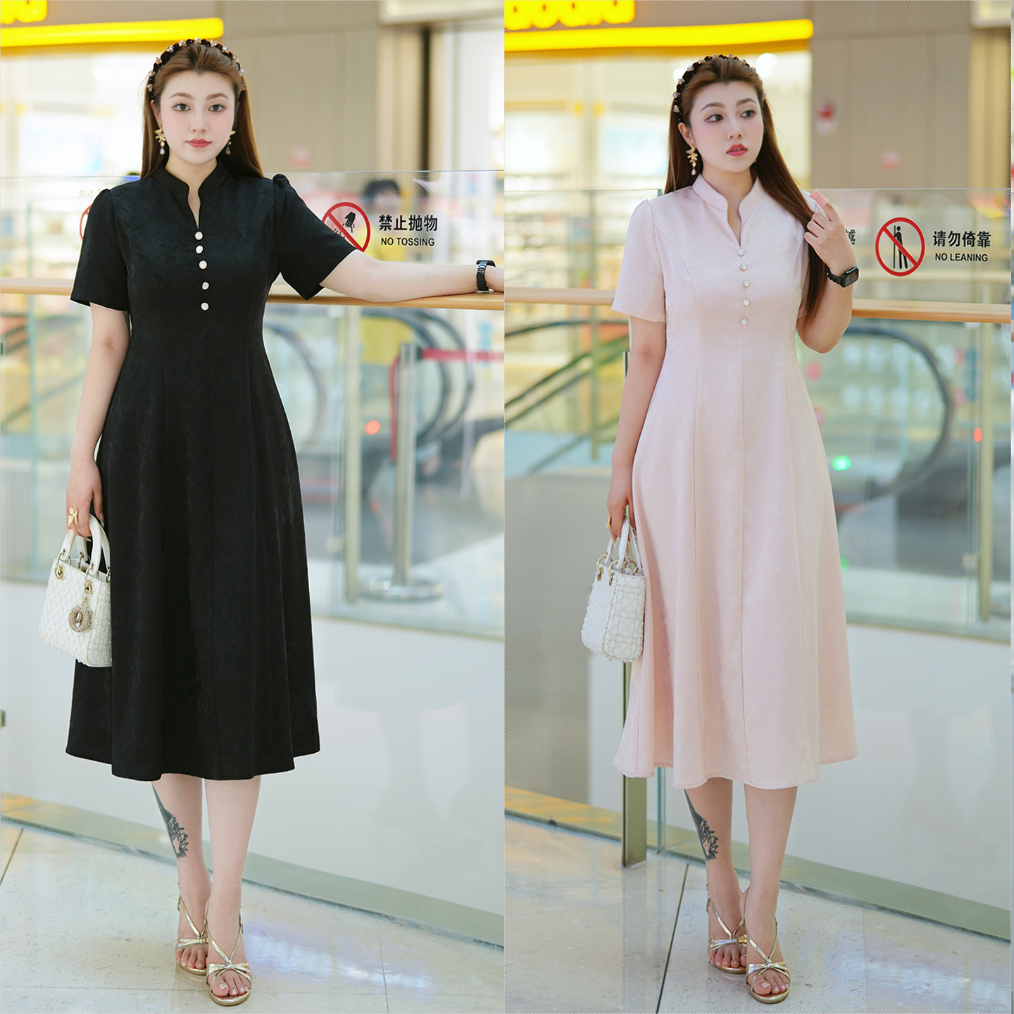 XYD71638中式改良A摆收腰旗袍裙复古修身大码遮肚子收腰连衣裙