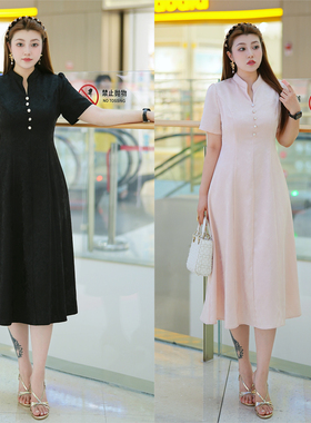 XYD71638中式改良A摆收腰旗袍裙复古修身大码遮肚子收腰连衣裙