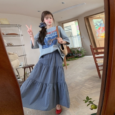 俏皮减龄T恤格子半身裙套装女夏休闲气质两件套ootd穿搭减龄清纯