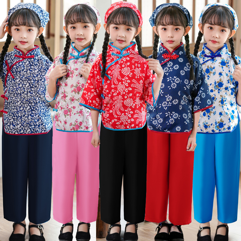 儿童村姑演出表演服采茶秧歌舞蹈农民阿庆嫂服装小女孩民族碎花戏