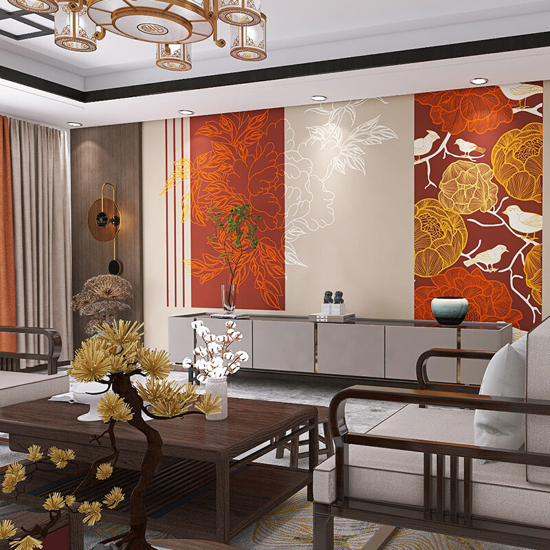 新中式花鸟竹木纤维集成墙板电视背景墙碳晶板饭店包厢茶室护墙板
