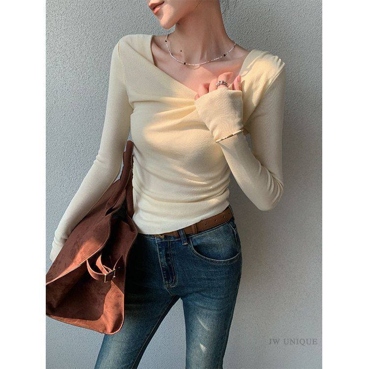 荡领扭褶斜领长袖针织衫女年秋季新款内搭纯色打底衫显瘦上衣,女装/女士精品,大码内搭,淘宝优惠券,粉丝福利购,淘宝优惠卷
