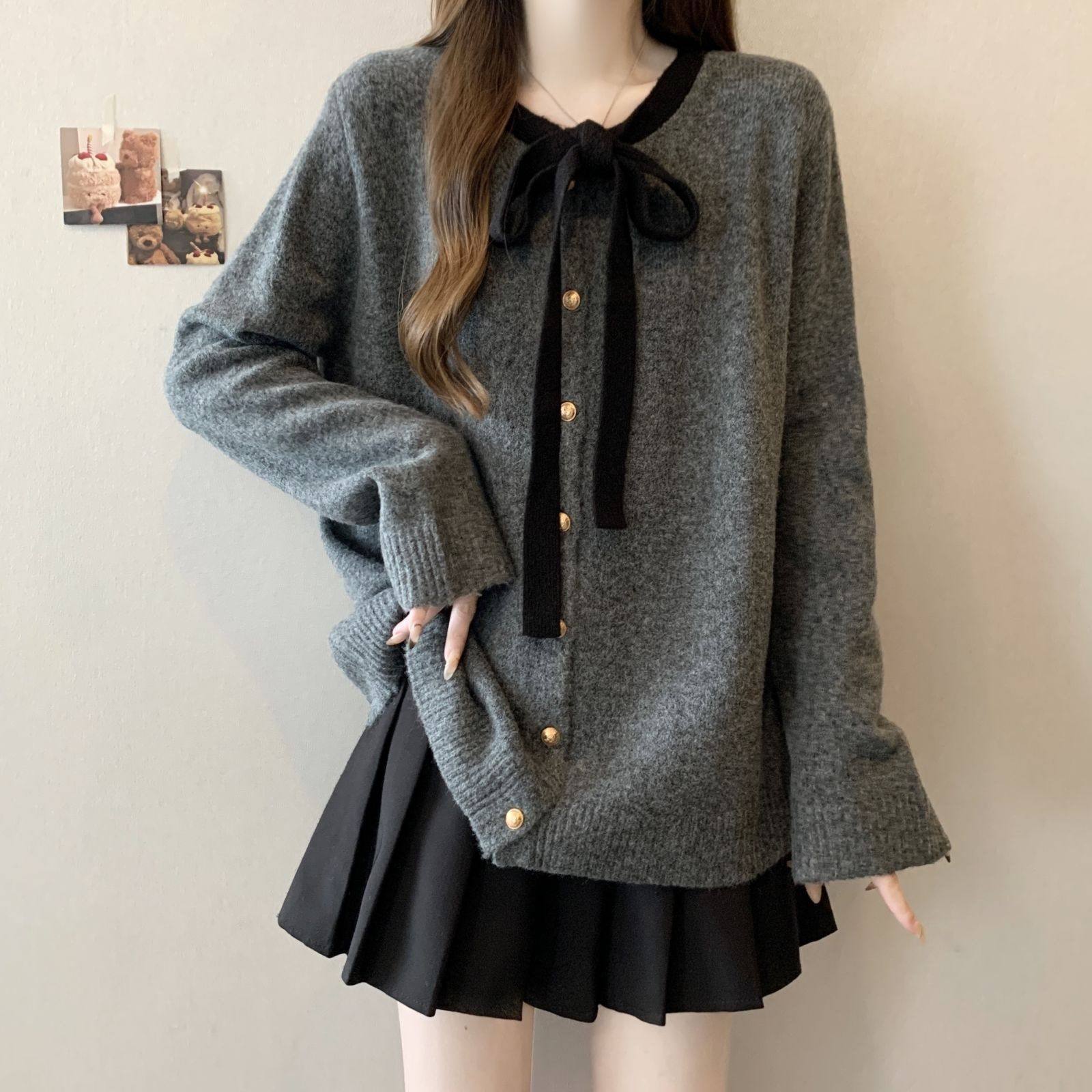 大码女装2025秋慵懒韩版灰色显瘦毛衣感蝴蝶结系带针织衫上衣,女装/女士精品,毛衣,淘宝优惠券,粉丝福利购,淘宝优惠卷