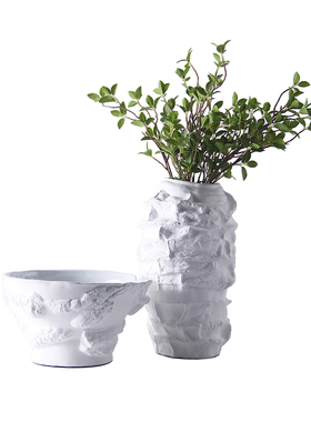 现代家居白色哑光陶瓷花瓶样w板房间客厅摆件售楼处电镀银异形花