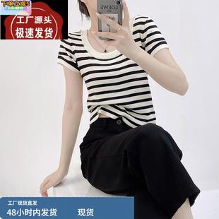 夏季 宽松条纹冰丝设计感百搭高级感小个子 针织女上衣短袖 U领短款