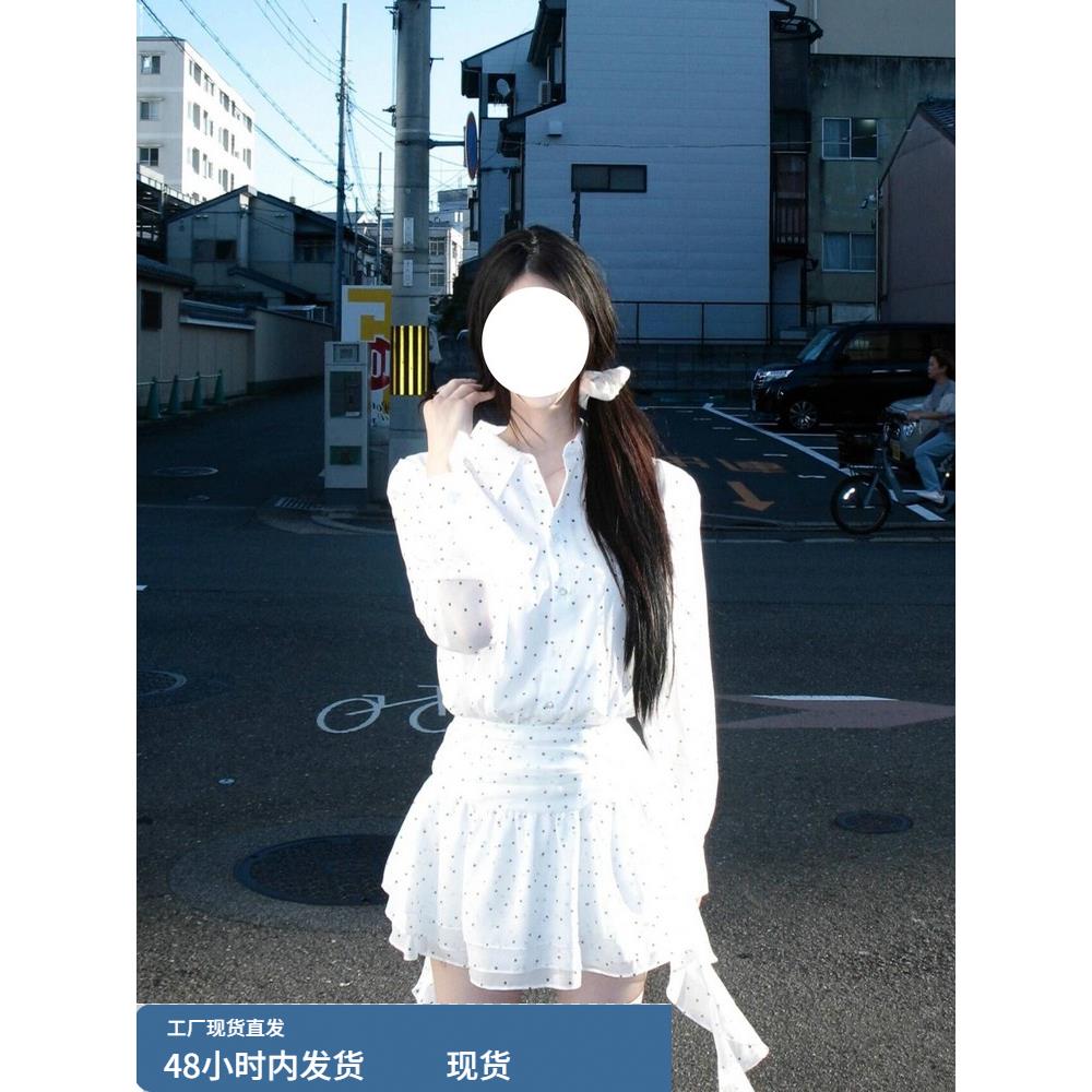 法式波点网纱飘带衬衫连衣裙子女收腰气质仙女长袖雪纺短裙早春季