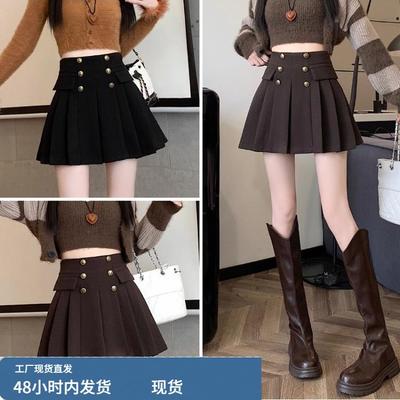 毛呢半身裙女秋冬季加厚2025新款高腰a字显瘦小个子休闲百褶短裙