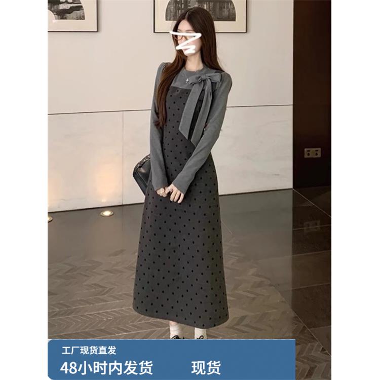 早秋miu系穿搭150矮小个子145cm秋冬修身假两件连衣裙长裙女xs码