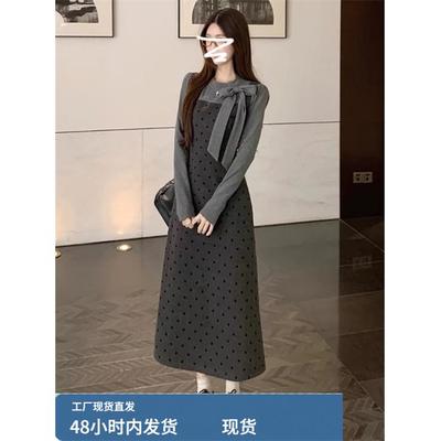 早秋miu系穿搭150矮小个子145cm秋冬修身假两件连衣裙长裙女xs码