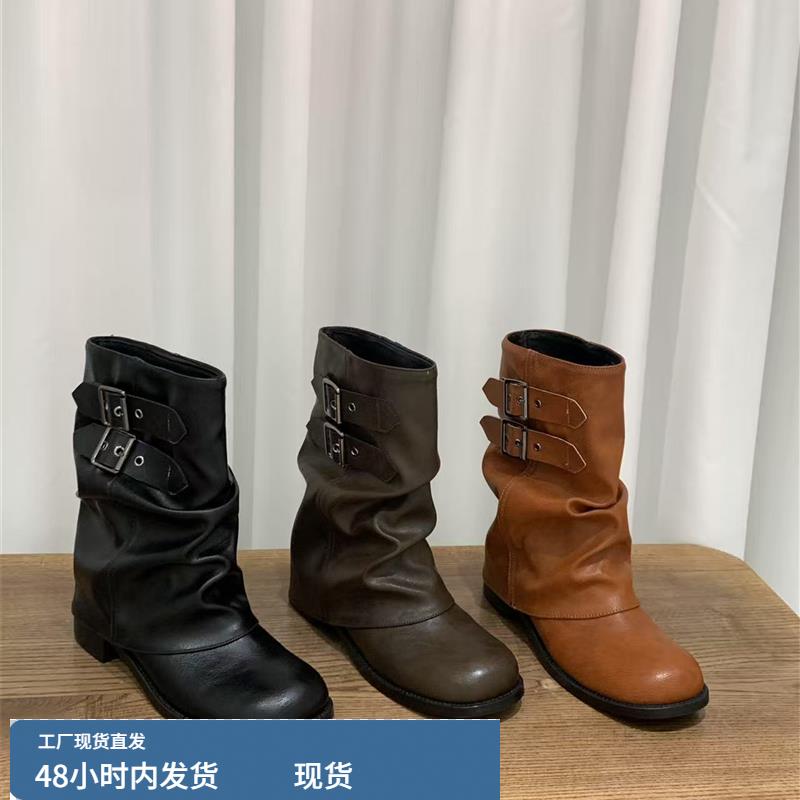 粗跟黑色中筒马丁靴女靴子2025新款秋冬季西部棕色美拉德堆堆短靴