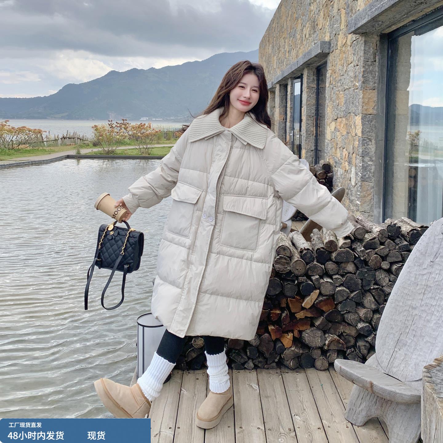 米白色韩版慵懒风针织翻领羽绒服女冬季2025新款白鸭绒保暖长外套