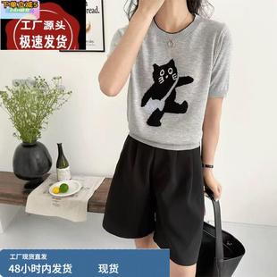夏精纺羊毛撞色小猫提花短袖 上衣外搭 T恤女薄款 套头针织休闲半袖