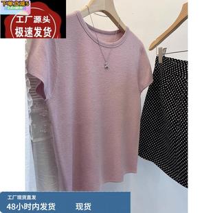 夏季 莱赛尔针织天丝棉麻紫色短袖 T恤女薄高级感宽松亚麻上衣小衫