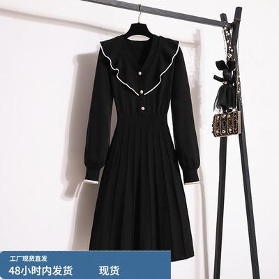 高级感黑色针织连衣裙女2025秋冬大码胖mm巨显瘦法式减龄打底裙子