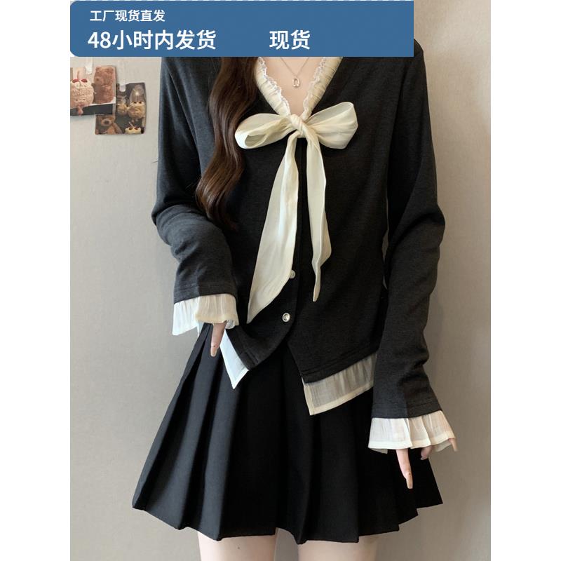 大码女装2025新款早秋chic别致上衣韩系蕾丝边蝴蝶结系带针织t恤