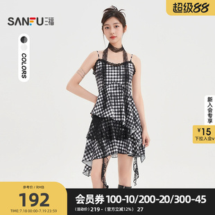 三福连衣裙2025夏季 502204 拼蕾丝飘带格子不规则下摆裙子女装