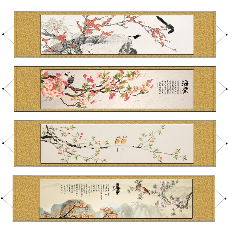横幅花鸟画中式卷轴画床头挂画喜上眉梢客厅书Q房装饰画丝绸卷轴