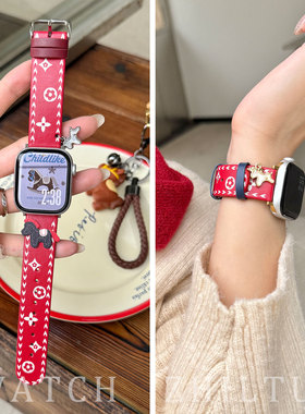老钱风新年款适用iwatch11手表表带花瓣小马真皮苹果s10智能腕带applewatch10手表带s11新款9876se皮质ultra3
