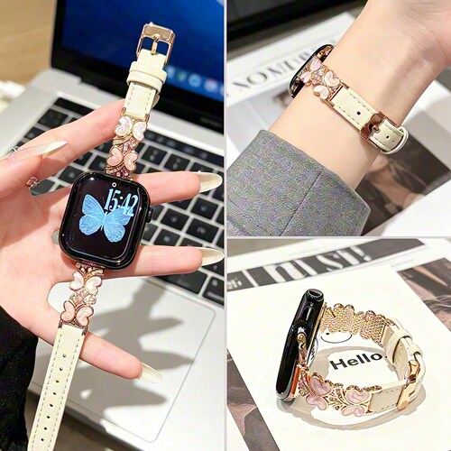 新款蝴蝶双拼皮真皮手表带适用apple watch11/10/9苹果手表表带iwatch8/7代高级感se镶钻ultra3皮质s11女款
