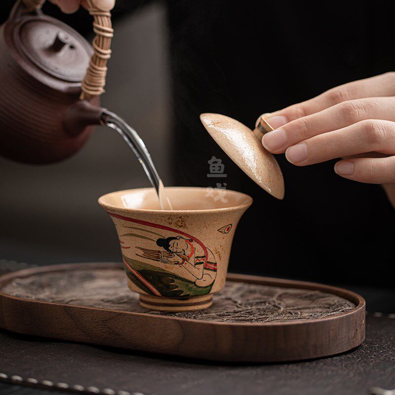 鱼戏手绘敦煌飞天文创q陶瓷盖碗中式家用覆古茶碗泡茶器防烫手抓