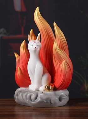 德化陶瓷九尾狐摆件佛堂神像红狐狸家用摆设工艺品X动物灵狐摆设