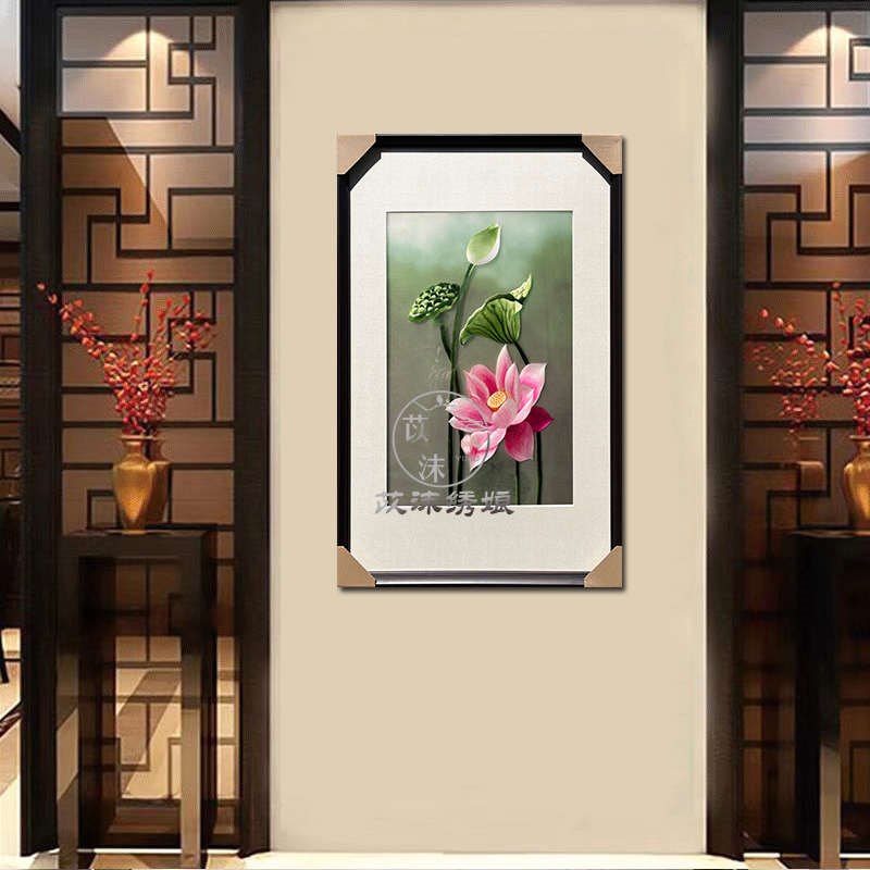 苡沫刺绣纯手工荷花孔雀牡丹苏绣挂画客厅玄关过道书房.装饰成品图片
