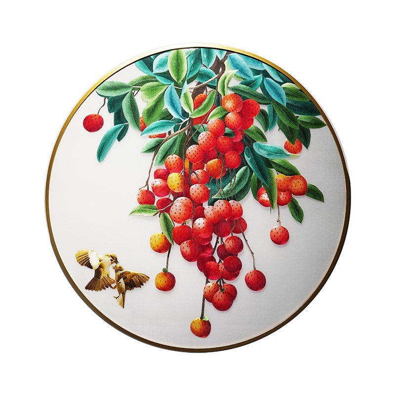 苏绣挂画纯手工新l中式大吉大利刺绣荔枝圆形玄关餐厅装饰成品画图片