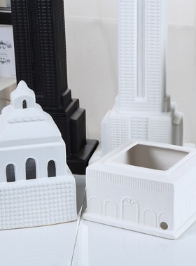 北欧简约家居白色高楼房子陶瓷工艺E品摆件 创意城堡建筑摆设品