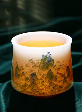 青绿江山高端羊脂玉白瓷主人杯个人专用L中式绿色陶瓷茶杯许建勇