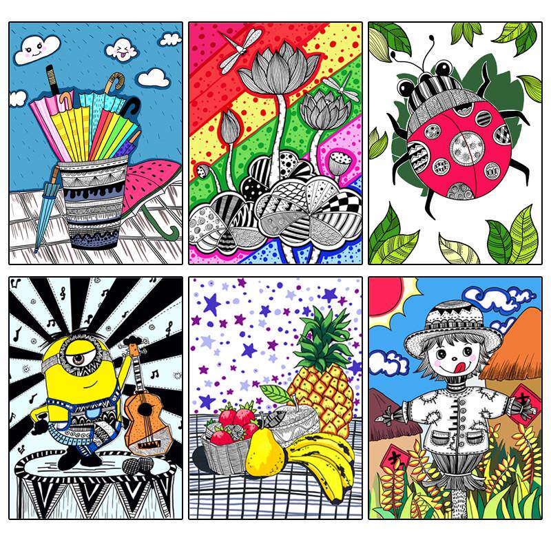 少儿美术创意彩色线描画临摹卡马克笔绘画儿童画重彩铅Z画室临摹