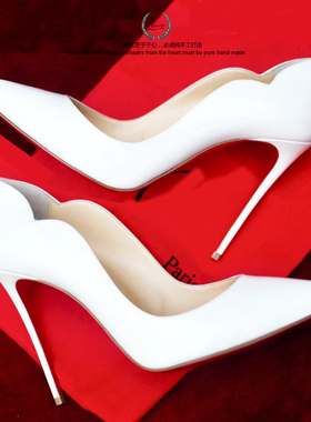 外码大码真皮高版Hot Chick 12cm白色红底高跟鞋尖头浅口细跟单鞋