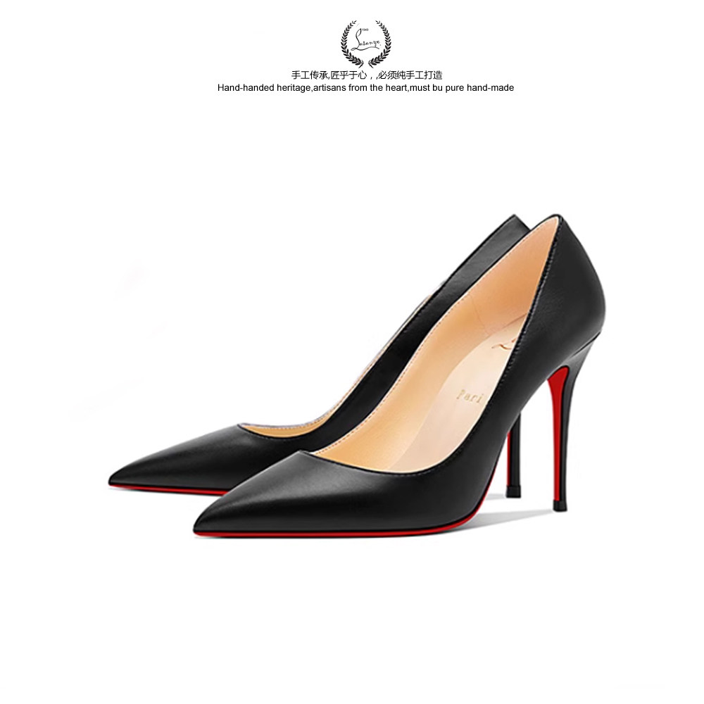 羊纹皮kate 10cm 1:1 A货哑光黑色红底高跟鞋尖头浅口细跟单鞋女