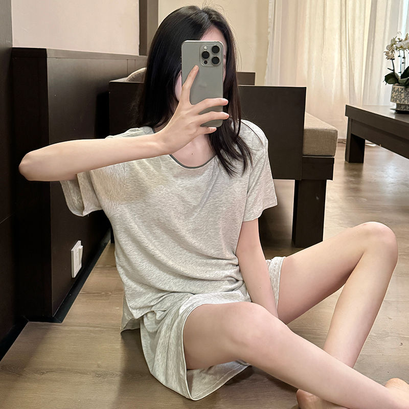 睡衣女夏季带胸垫圆领短袖短裤甜美休闲舒适家居服套装可外穿