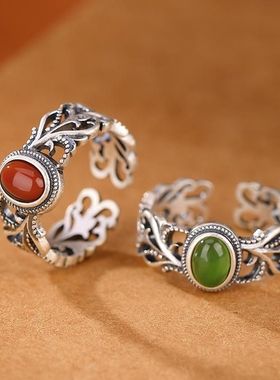 2025新款复古民族风仿南红镂空编织碧玉女戒活口调节指环