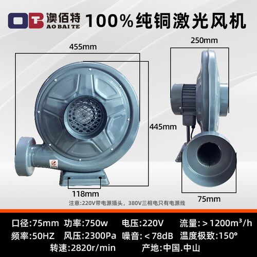中压风机吸灰木工吸抽尘气烟激光雕刻机离心式鼓风机550w220V纯铜