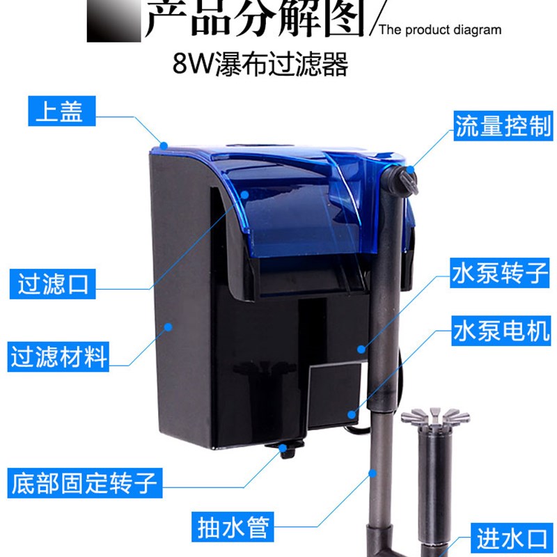 小鱼缸瀑布过滤器三合一净水过滤泵超静音壁挂式过滤充氧泵包邮