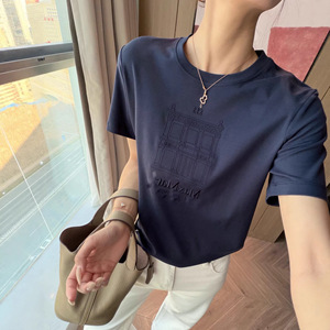 Lebank Style气质女神现货M家建筑S系列显瘦轻奢刺绣女短半袖t恤