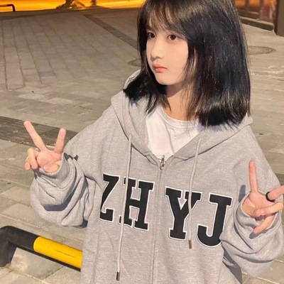 美式连帽卫衣女甜美减龄小众设计感韩版学院风高级感百搭拉链外套