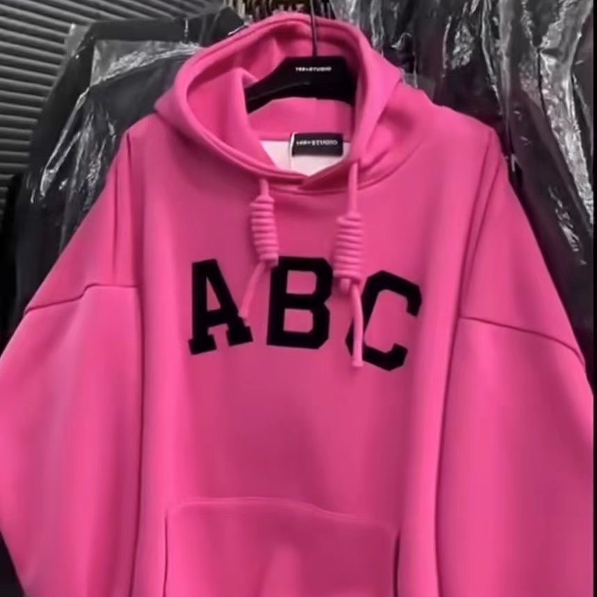 高街女孩穿搭玫红色印花ABC连帽卫衣女2025年秋冬加绒加厚外套潮