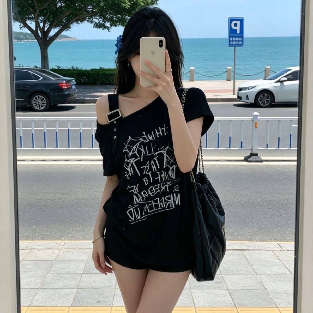 小众设计露肩短袖T恤夏季新款别致韩版字母涂鸦印花斜肩甜酷上衣