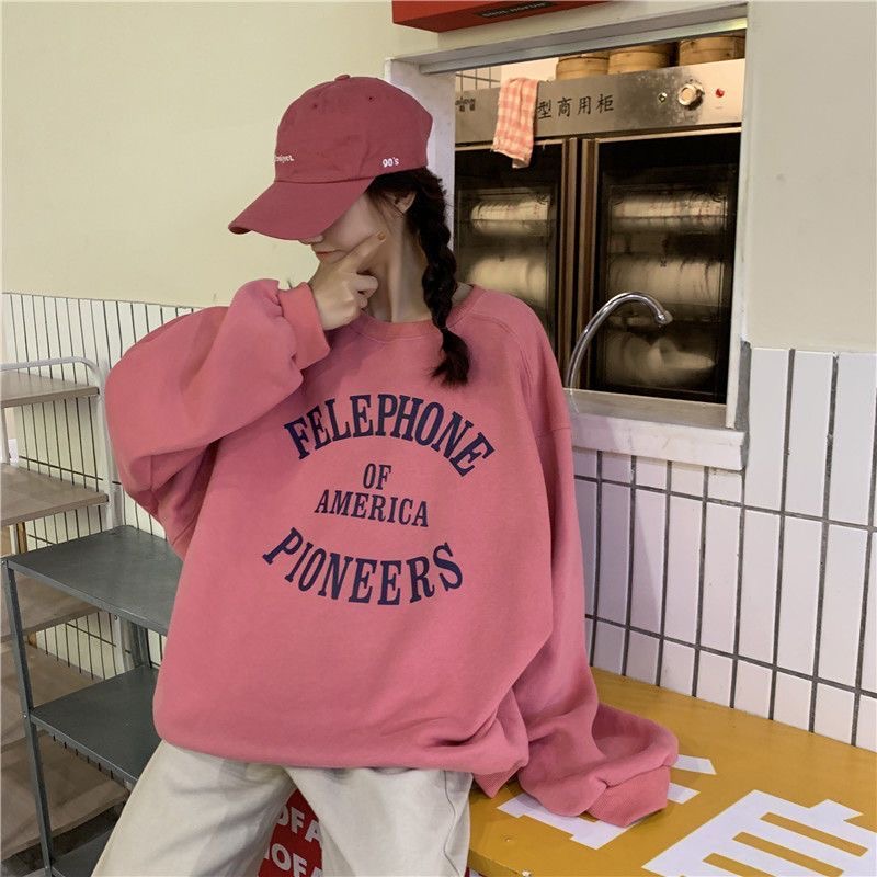加绒加厚长袖卫衣女秋冬新款美式复古字母印花宽松BF风圆领上衣潮