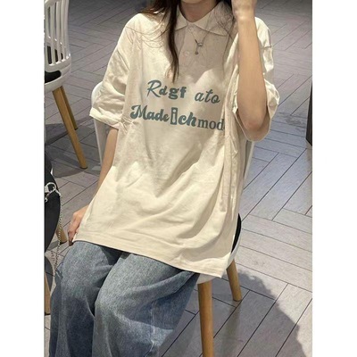 小众设计感夏季新款短袖女生宽松显瘦时尚印花正肩撞色上衣简约